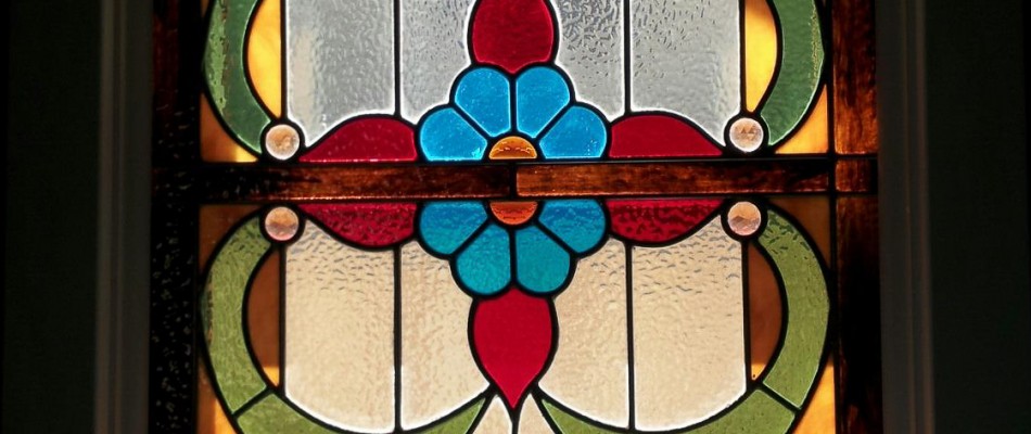Stained Glass Window with Blue & Orange Flower