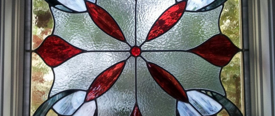 Stained Glass Window in a Red Flower Pattern